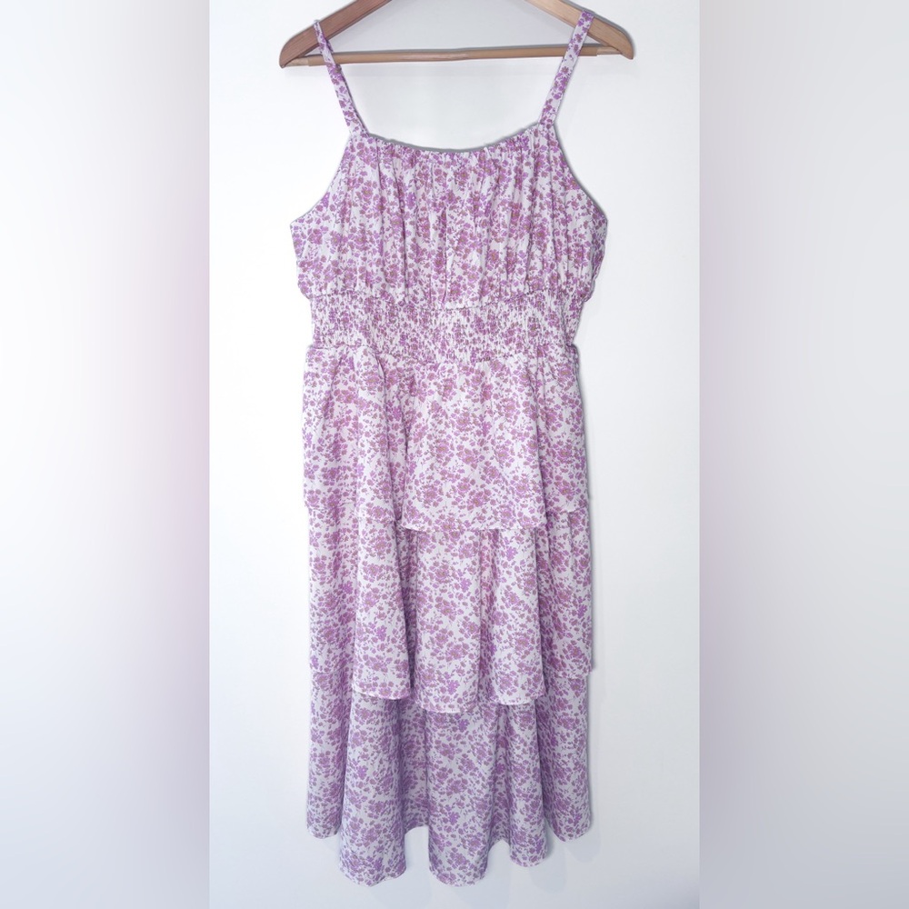 Grace Karin White Purple Floral Print Smocked Tiered Sleeveless Midi Dress 2XL